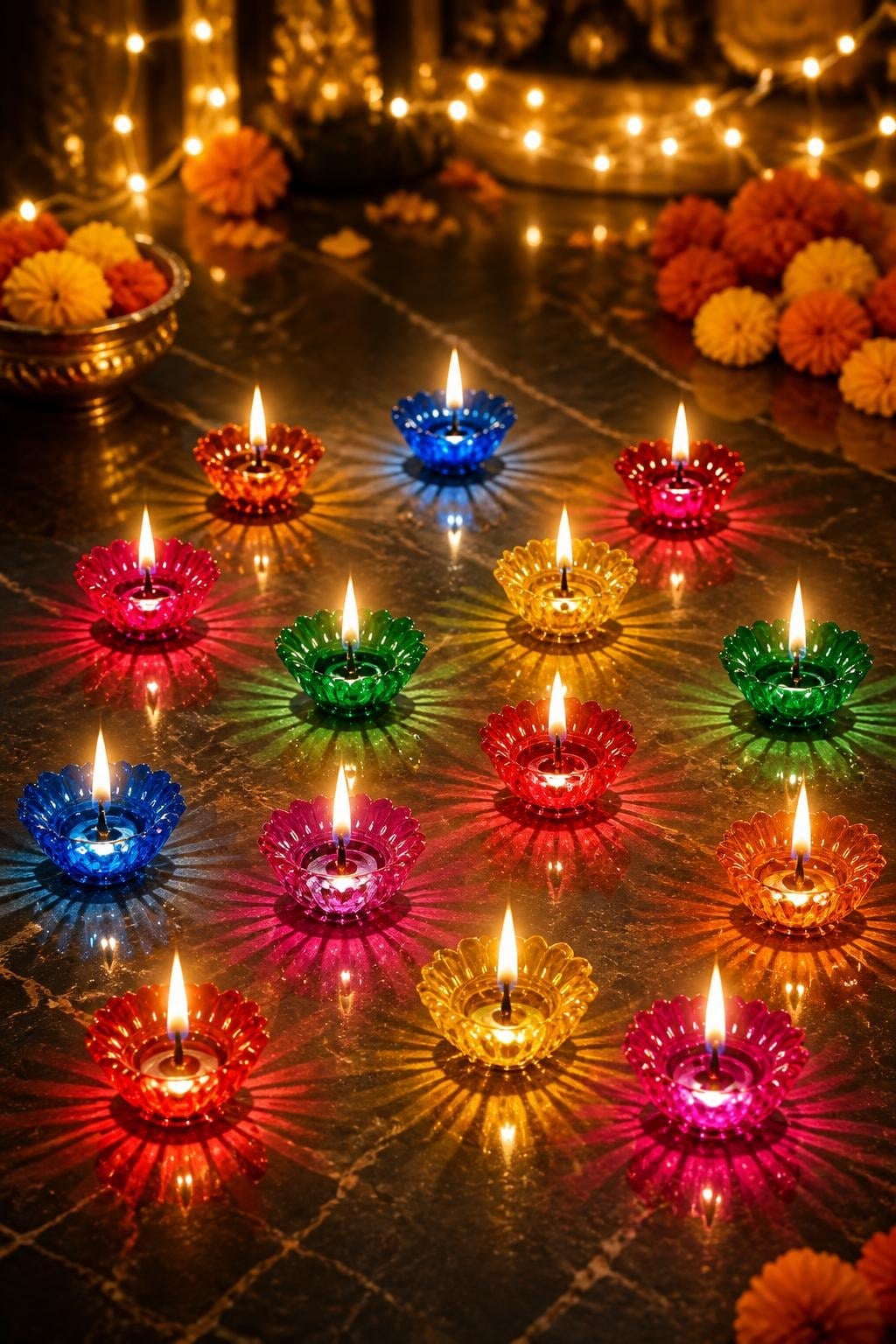 3D Reflection Shadow Diyas for Diwali (Pack of 12) - Multicolor Reusable