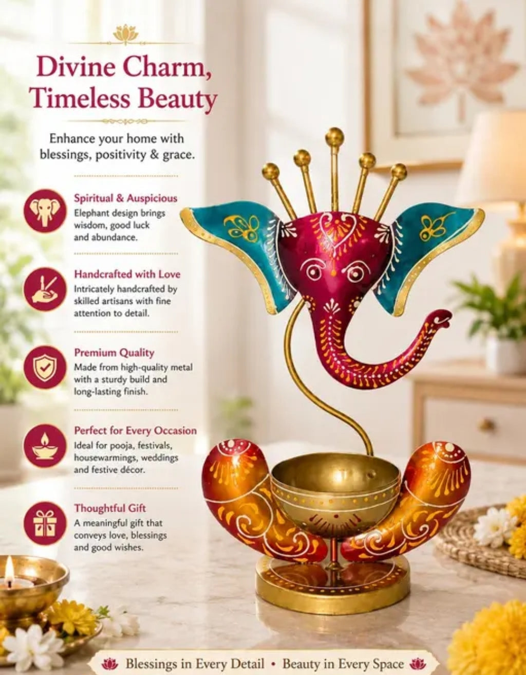 Handcrafted Metal Ganesha T-Light Candle Holder - Decorative Tealight Stand for Diwali, Puja & Gifting