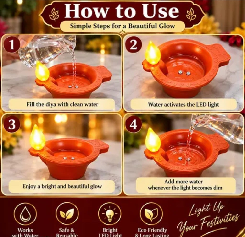Water Sensor LED Diyas (Pack of 12) - Traditional Clay Look, Flameless & Smokeless