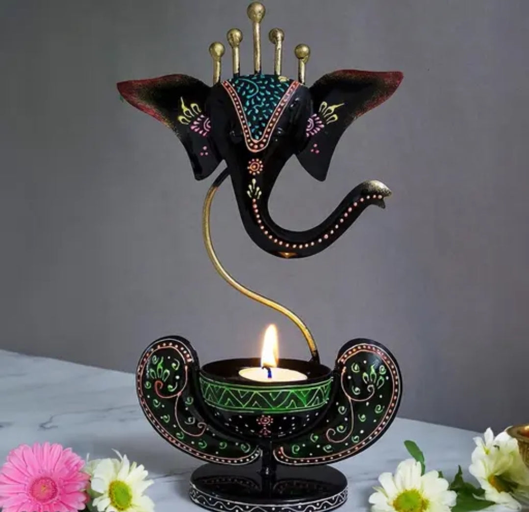Handcrafted Metal Ganesha T-Light Candle Holder - Decorative Tealight Stand for Diwali, Puja & Gifting