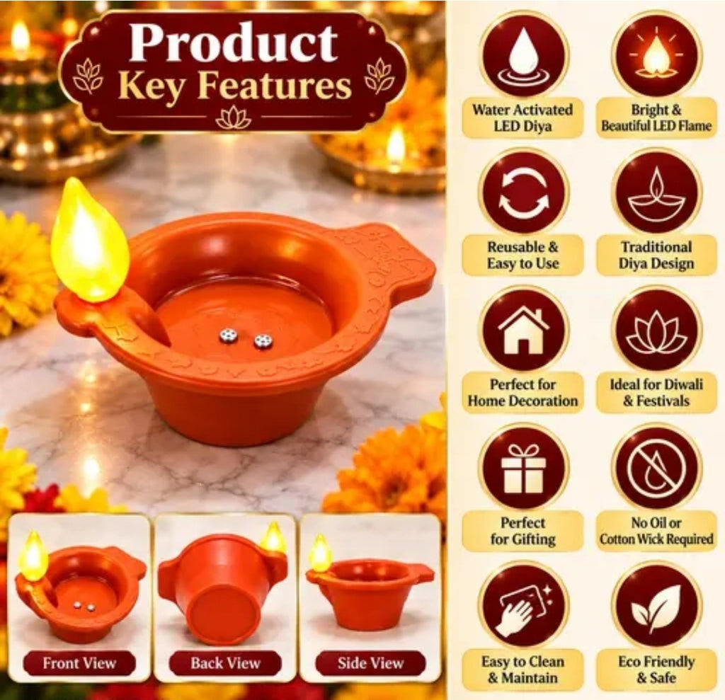 Water Sensor LED Diyas (Pack of 12) - Traditional Clay Look, Flameless & Smokeless