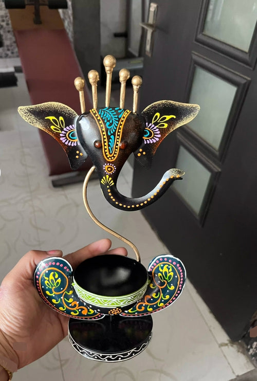 Handcrafted Metal Ganesha T-Light Candle Holder - Decorative Tealight Stand for Diwali, Puja & Gifting