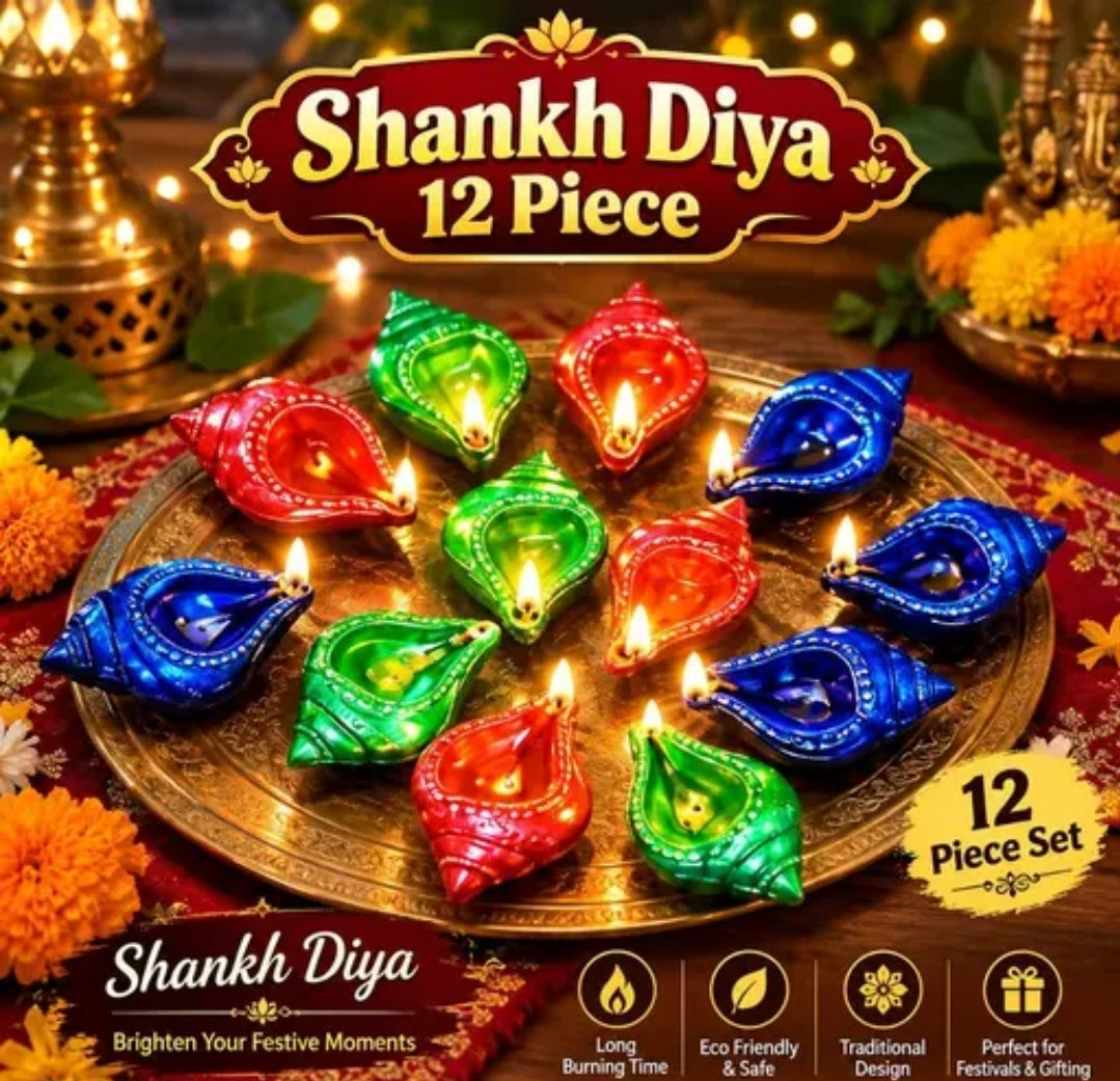 Water Sensor LED Shankh Diyas for Diwali (Pack of 12) - Smokeless, Flameless & Reusable