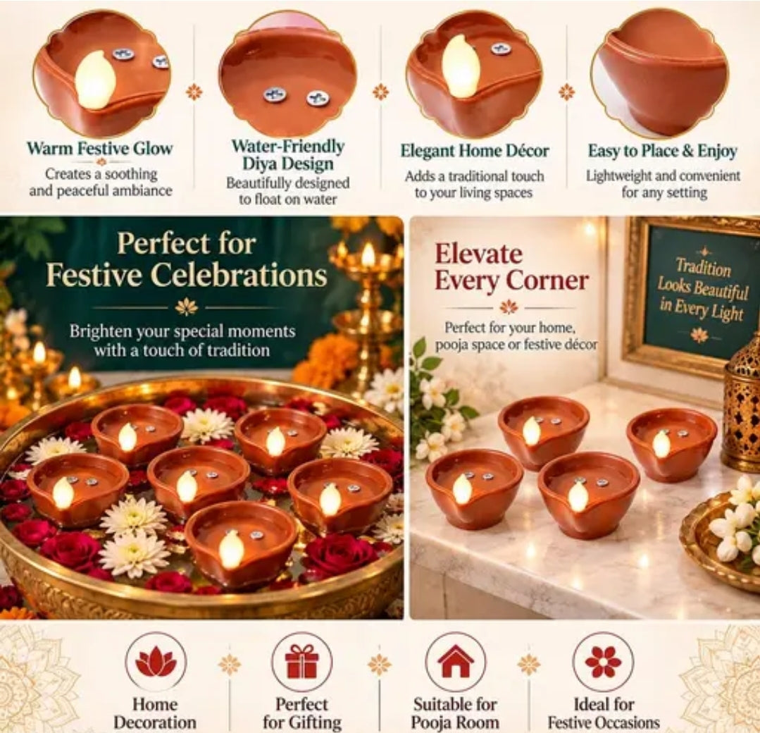 Water Sensor LED Diyas (Pack of 12) - Traditional Clay Look, Flameless & Smokeless