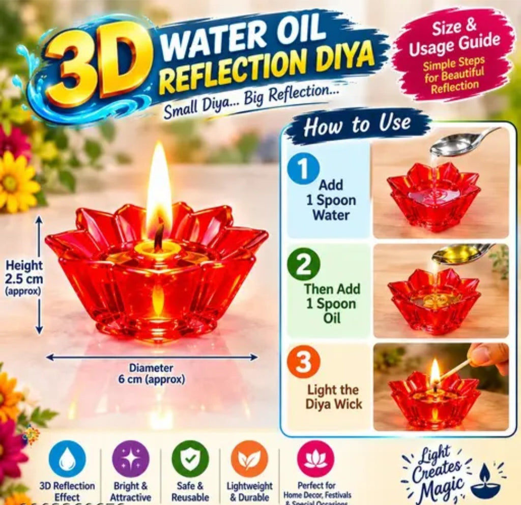 3D Reflection Shadow Diyas for Diwali (Pack of 12) - Multicolor Reusable