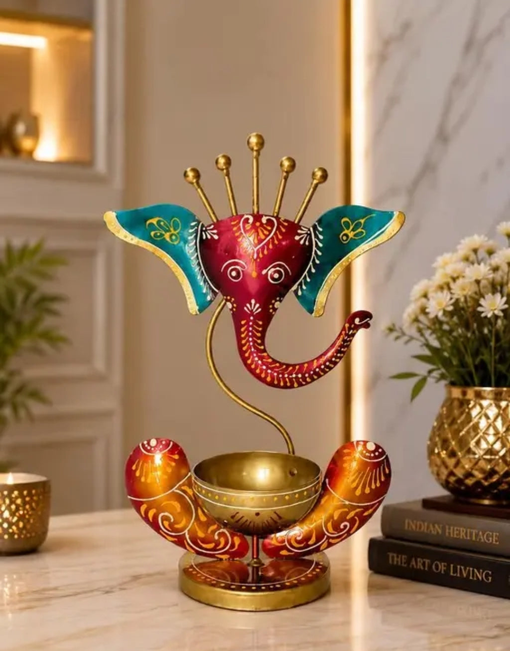 Handcrafted Metal Ganesha T-Light Candle Holder - Decorative Tealight Stand for Diwali, Puja & Gifting