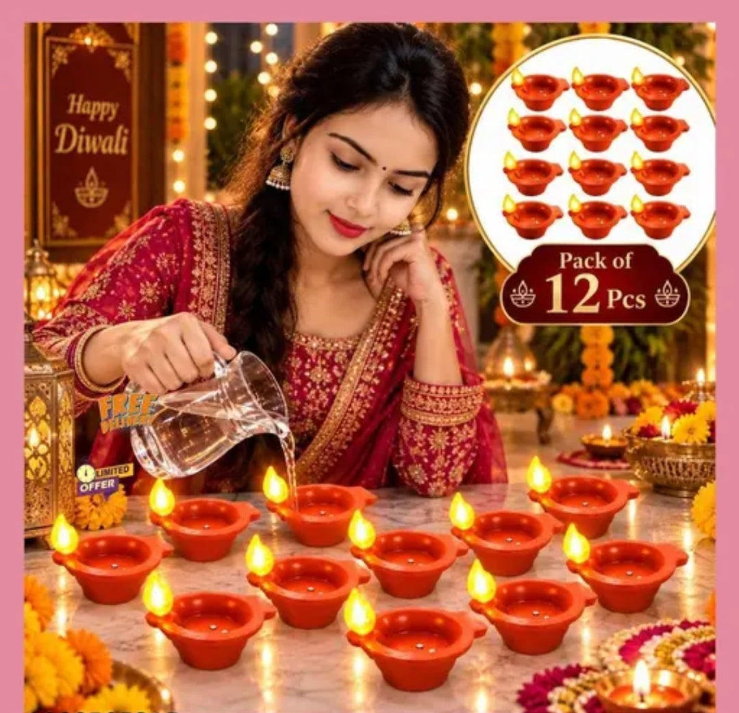 Water Sensor LED Diyas (Pack of 12) - Traditional Clay Look, Flameless & Smokeless