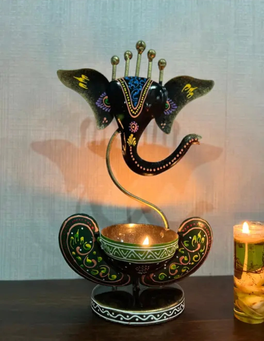 Handcrafted Metal Ganesha T-Light Candle Holder - Decorative Tealight Stand for Diwali, Puja & Gifting